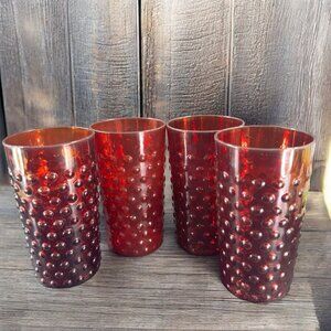 Vintage Ruby Red Bubble Glass Hobnail Flashed Color Drinking Tumbler Glass Set 4